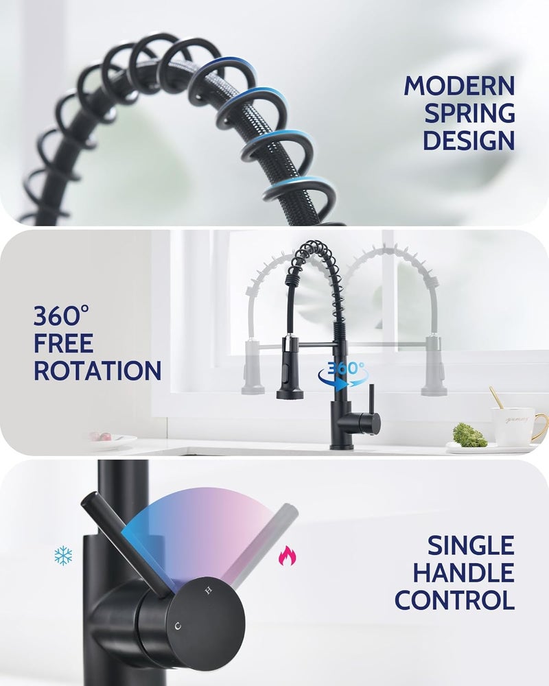 LUFEIDRA Black Kitchen Faucets with Pull Down Sprayer - High Arc Spring 304 Stainless Steel Single Hole Sink Faucet with Dual Function Pull-Down Sprayer for Bar Rv Kitchen, Faucet Index Buttons - Image 3